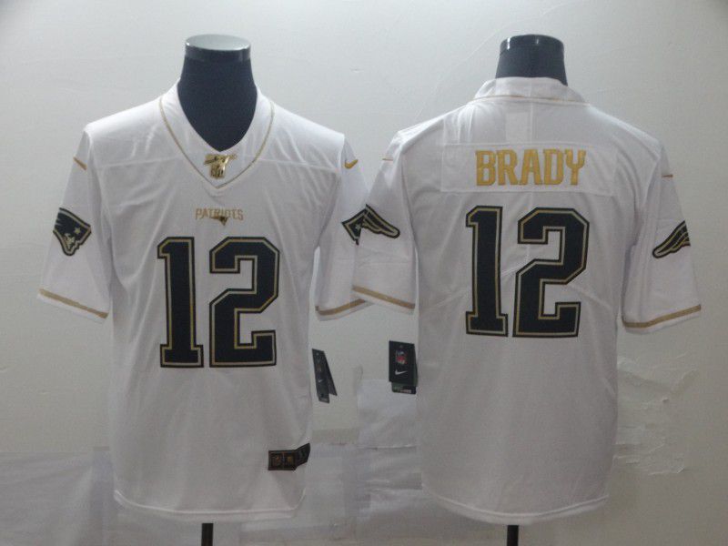 Men New England Patriots #12 Brady White Retro gold character Nike NFL Jerseys